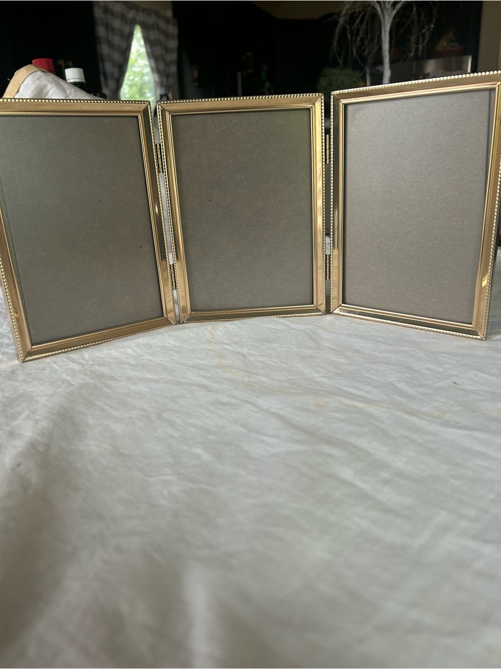 Vintage Triple Hinged Gold Photo Frame Three-Panel Display holds 3/5X7 pictures.